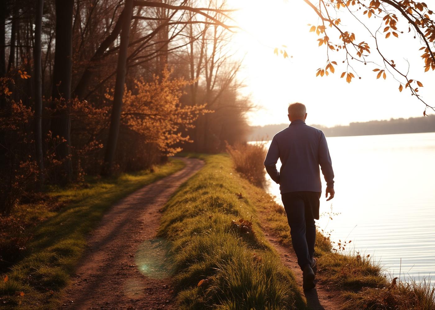 Adult walking on a sunlit trail by a Kawarthas lake