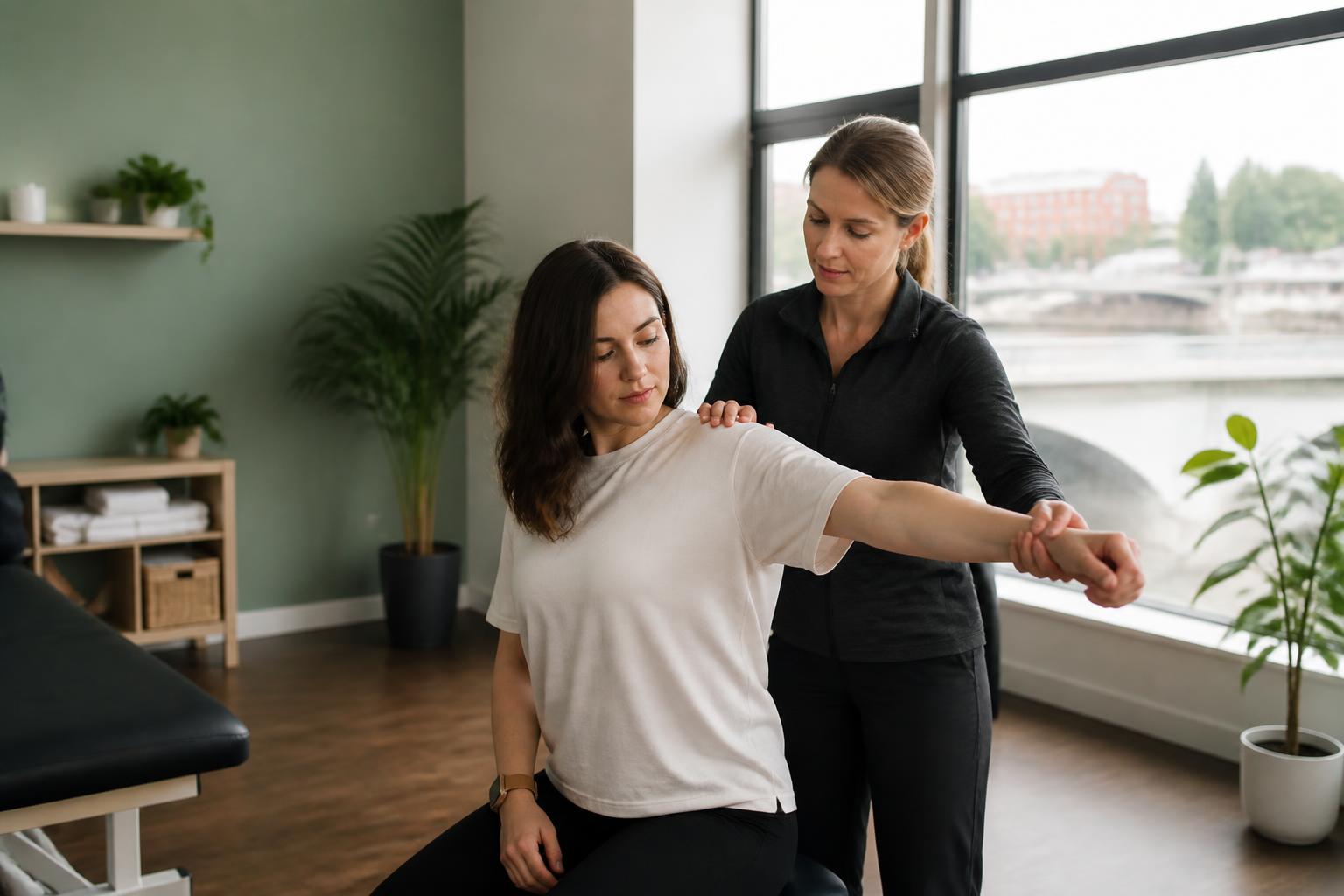 Physiotherapist guiding a patient through a shoulder mobility assessment in a sunlit clinic room